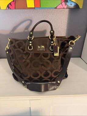 Coach Dark Brown Signature Shoulder Tote with Leather Trim